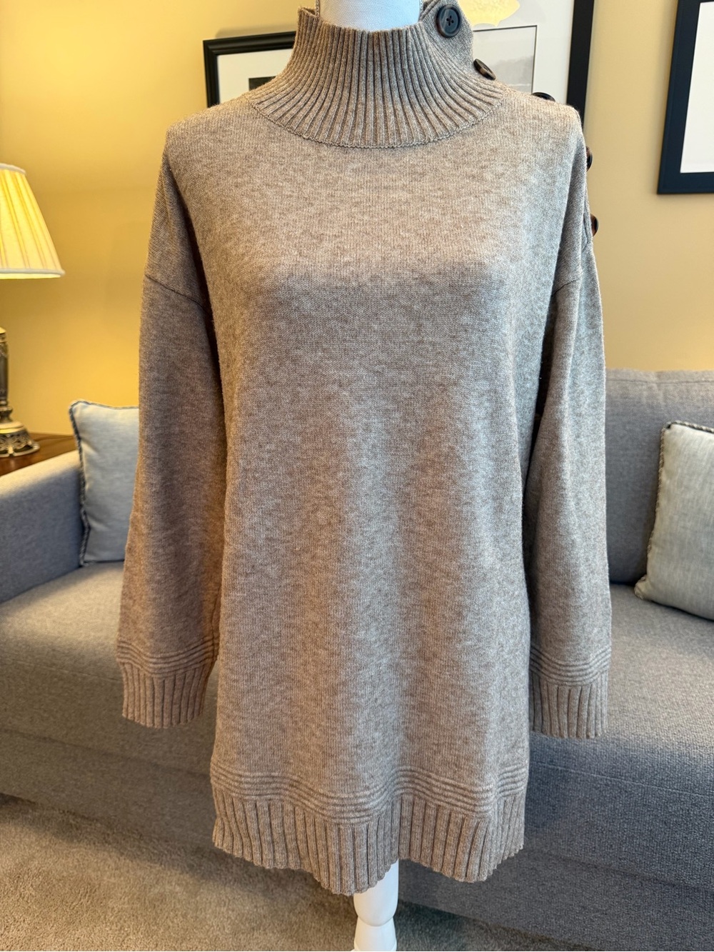 Anthropologie Taupe Oatmeal Mock Neck Button-Shoulder Sweater Tunic
